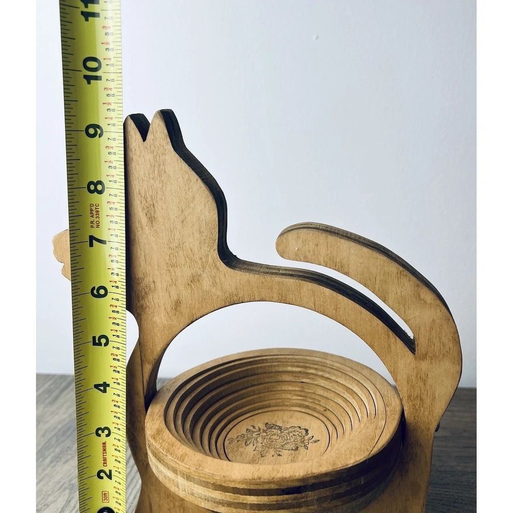 Cat Shaped Folding Collapsible Wooden Basket Catch All Bowl Decor 9" Tall - Picture 6 of 8